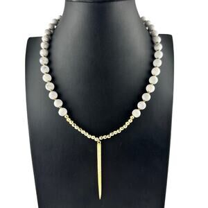 CZ Pave Spike Pendant White Gray Marble Beads Gold Tone 19" Fashion Necklace